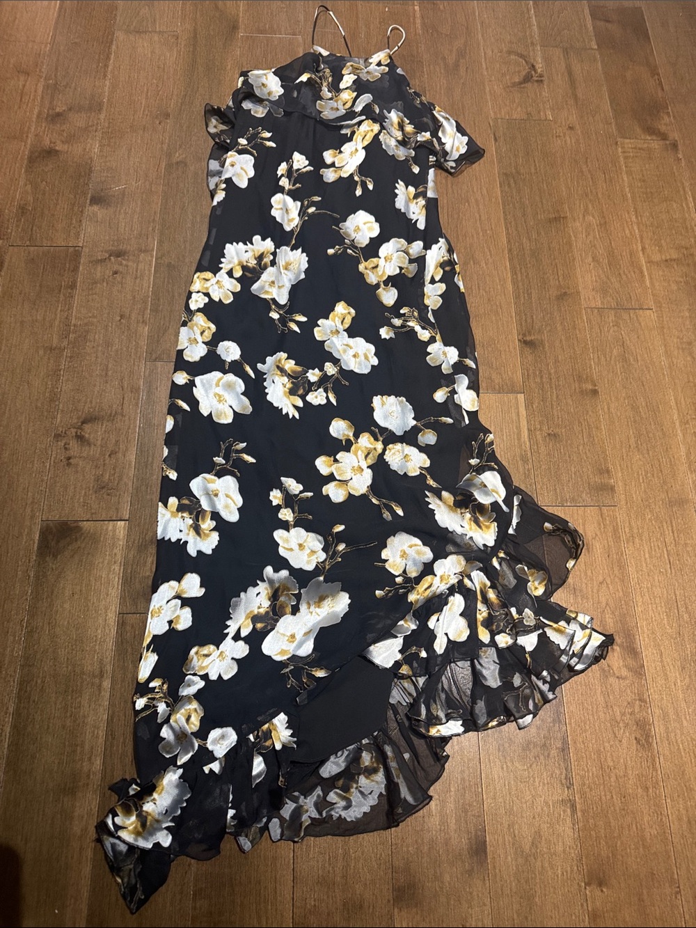 Alice + Olivia Black Dress with gold and silver Floral Accents